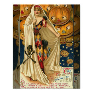 Antique Halloween Jack O Lantern Costume Woman Poster