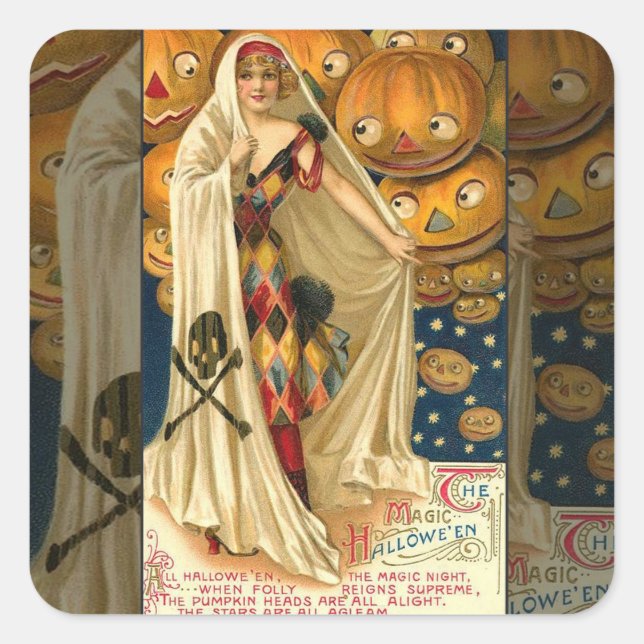 Antique Halloween Jack O Lantern Costume Woman Square Sticker (Front)