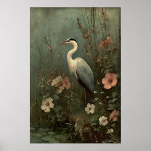 Antique Heron By Lake Print, Moody Botanical Poster