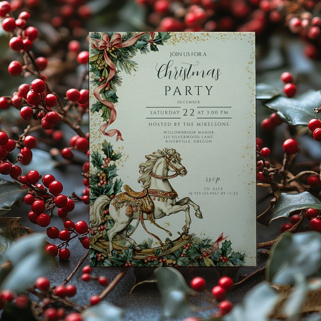 Antique Holiday Rocking Horse Christmas Invitation (Creator Uploaded)
