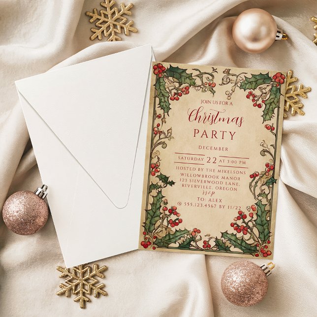 Antique Holly Berry Christmas Invitation (Creator Uploaded)