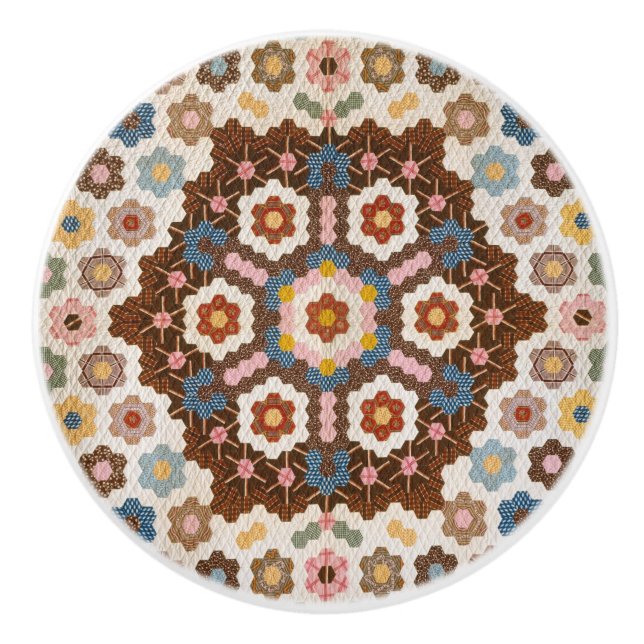 Antique Honeycomb Quilt Pattern - Folk Art Crafty  Ceramic Knob (Front)