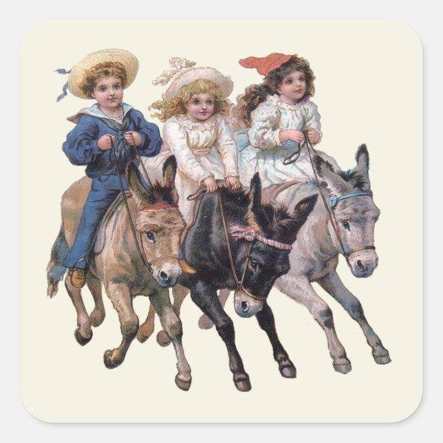 Antique horse pony children art square sticker (Front)