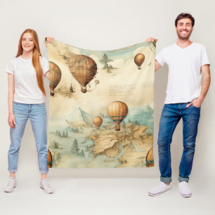 Antique Hot Air Balloon Sepia Map Landscape Fleece Blanket