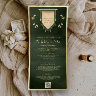 Antique Hunter Green Gold Scroll Mediaeval Wedding Tri-Fold Invitation