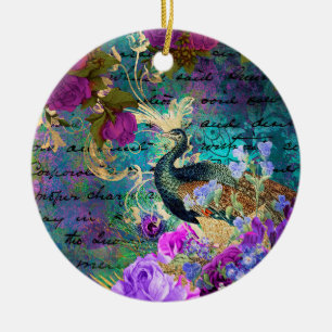 Antique Illustrated Peacock & Flowers Grunge Ceramic Ornament