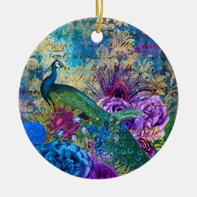 Antique Illustrated Peacock & Flowers Grunge Ceramic Ornament (Front)