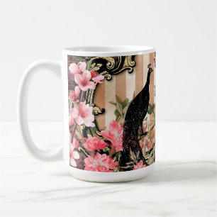 Antique Illustrated Peacock & Flowers Grunge Coffee Mug