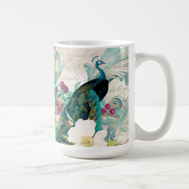 Antique Illustrated Peacock & Flowers Grunge Coffee Mug (Right)
