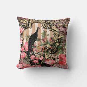 Antique Illustrated Peacock & Flowers Grunge Cushion