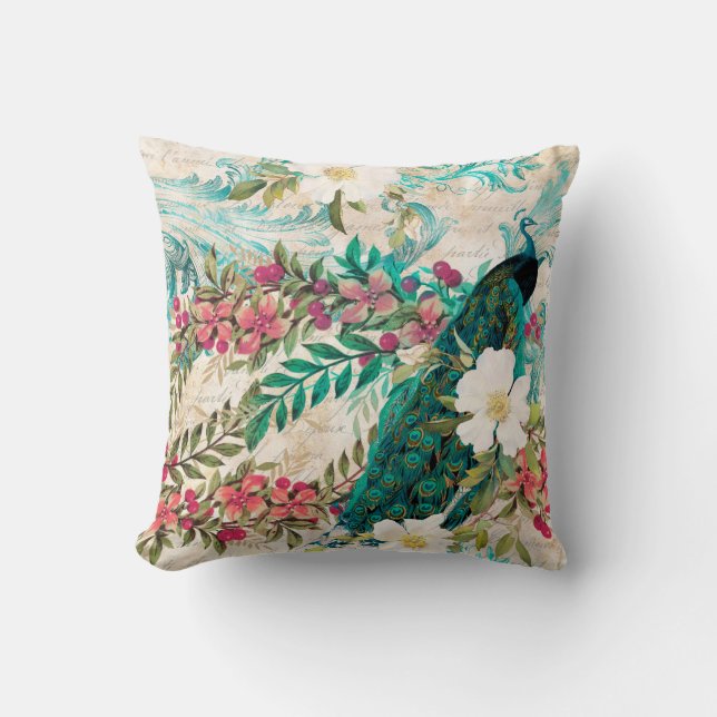 Antique Illustrated Peacock & Flowers Grunge Cushion (Front)
