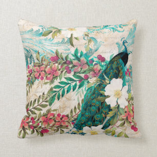 Antique Illustrated Peacock & Flowers Grunge Cushion