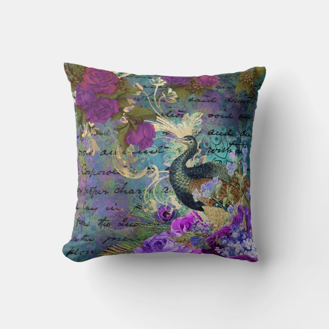Antique Illustrated Peacock & Flowers Grunge Cushion (Front)