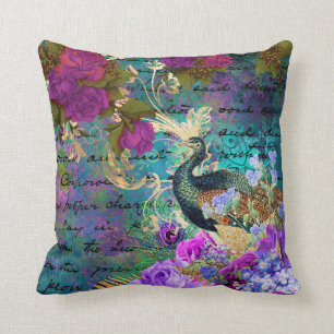 Antique Illustrated Peacock & Flowers Grunge Cushion