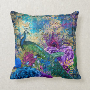 Antique Illustrated Peacock & Flowers Grunge Cushion