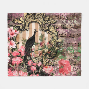 Antique Illustrated Peacock & Flowers Grunge Fleece Blanket