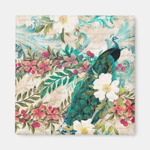 Antique Illustrated Peacock & Flowers Grunge Magnet