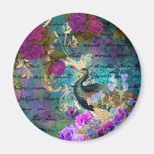 Antique Illustrated Peacock & Flowers Grunge Magnet