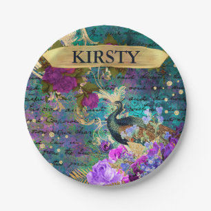 Antique Illustrated Peacock & Flowers Grunge Paper Plate