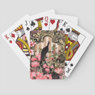 Antique Illustrated Peacock & Flowers Grunge Playing Cards