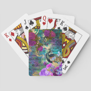 Antique Illustrated Peacock & Flowers Grunge Playing Cards