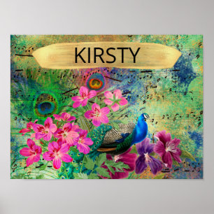 Antique Illustrated Peacock & Flowers Grunge Poster
