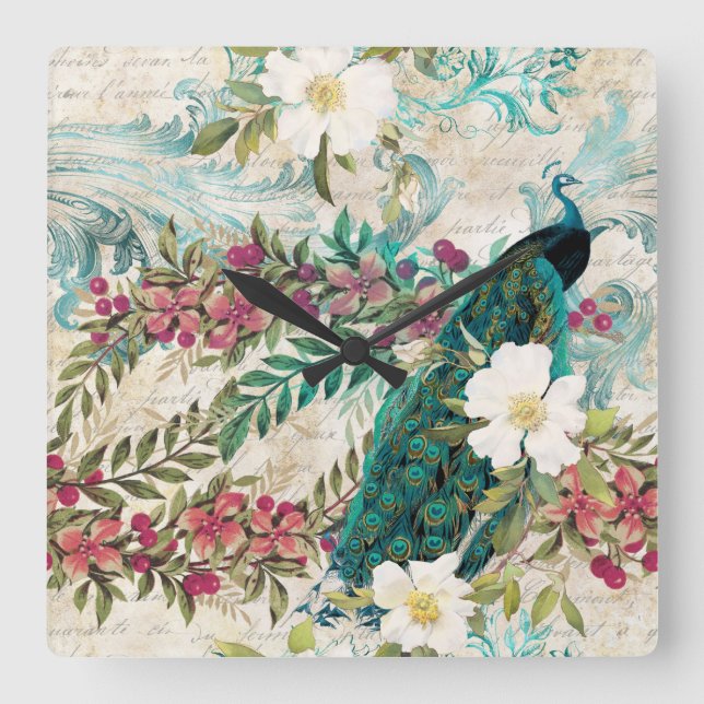 Antique Illustrated Peacock & Flowers Grunge Square Wall Clock (Front)
