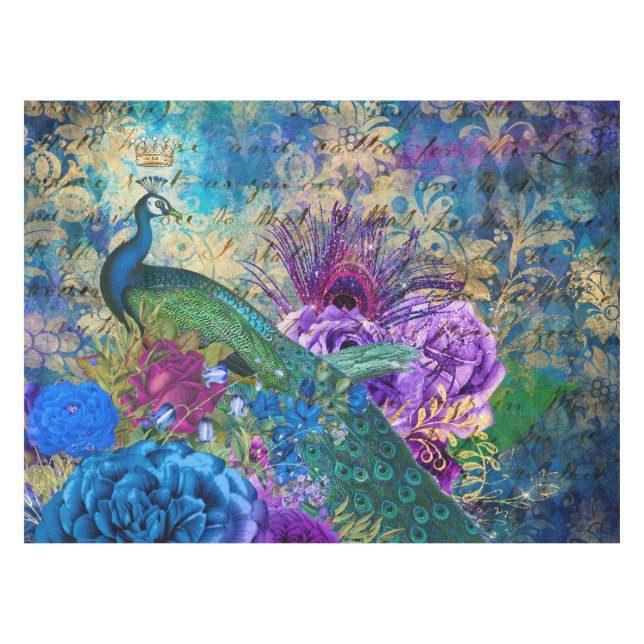 Antique Illustrated Peacock & Flowers Grunge Tablecloth (Front (Horizontal))