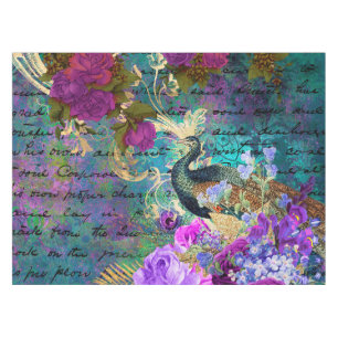Antique Illustrated Peacock & Flowers Grunge Tablecloth