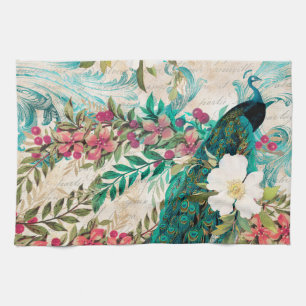 Antique Illustrated Peacock & Flowers Grunge Tea Towel