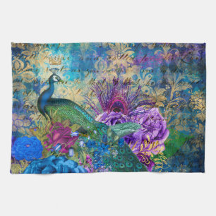 Antique Illustrated Peacock & Flowers Grunge Tea Towel