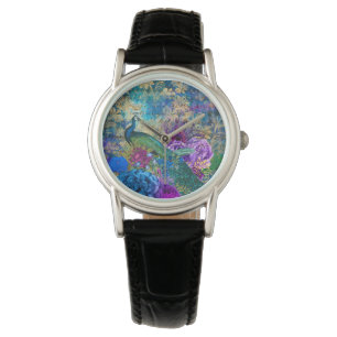 Antique Illustrated Peacock & Flowers Grunge Watch