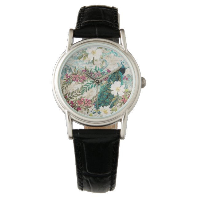 Antique Illustrated Peacock & Flowers Watch (Front)