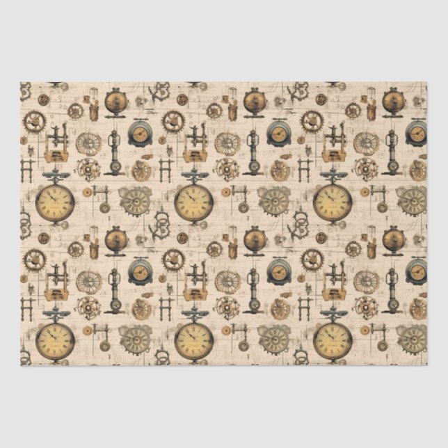 Antique Industrial Clockwork Sepia Brass Tissue Paper (Front)