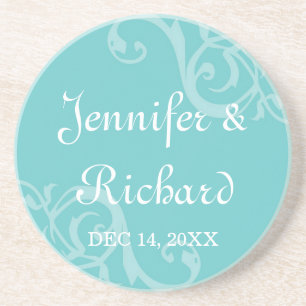 Antique iron scroll blue custom name wedding date coaster