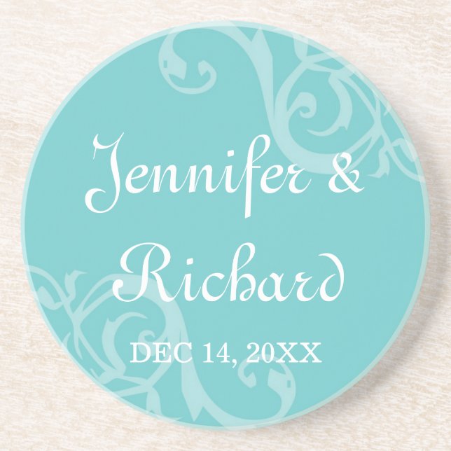 Antique iron scroll blue custom name wedding date coaster (Front)