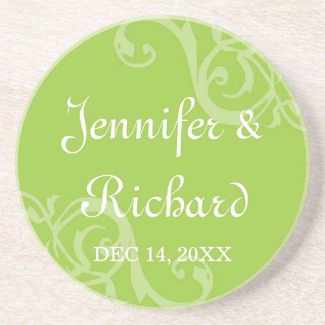 Antique iron scroll green custom name wedding date coaster (Front)