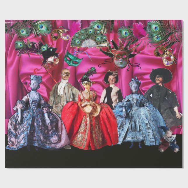 ANTIQUE ITALIAN PUPPETS AND MASKS MASQUERADE PARTY WRAPPING PAPER (Flat)
