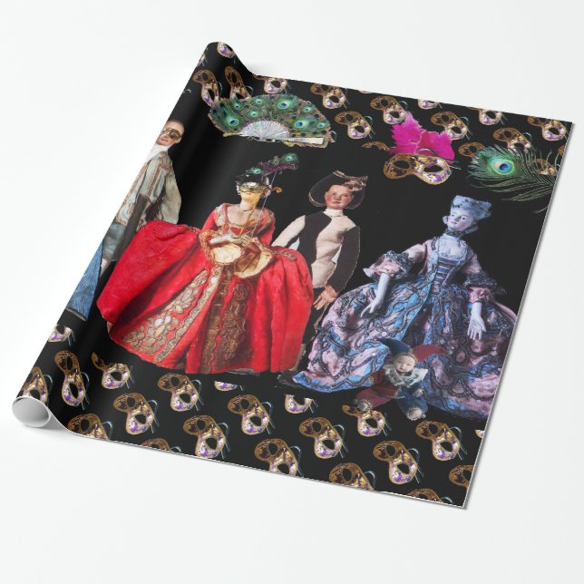 ANTIQUE ITALIAN PUPPETS AND MASKS MASQUERADE PARTY WRAPPING PAPER (Unrolled)
