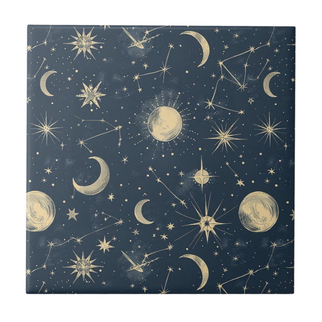 Antique Ivory Celestial Moon Star Map Navy Ceramic Tile (Front)
