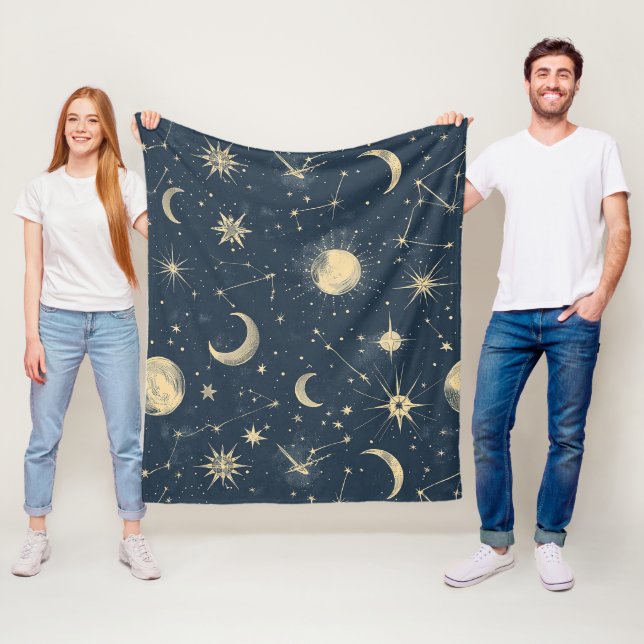 Antique Ivory Celestial Moon Star Map Navy Fleece Blanket (In Situ)