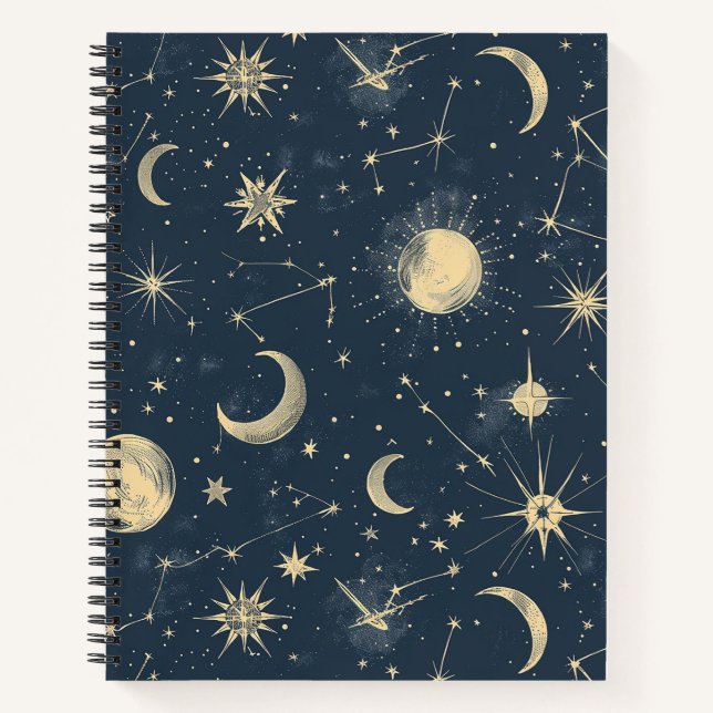Antique Ivory Celestial Moon Star Map Navy Notebook (Front)