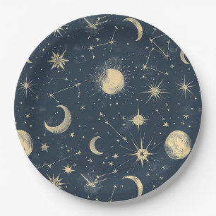 Antique Ivory Celestial Moon Star Map Navy Paper Plate