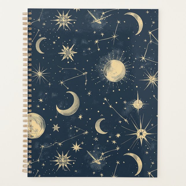 Antique Ivory Celestial Moon Star Map Navy Planner (Front)