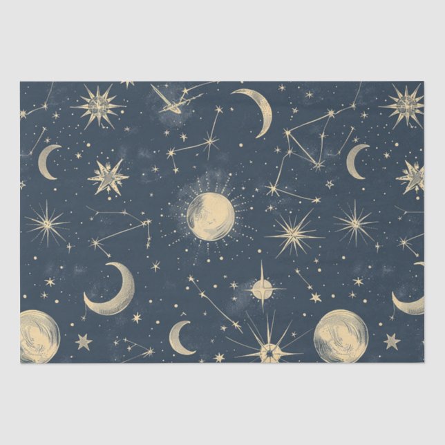 Antique Ivory Celestial Moon Star Map Navy Tissue Paper (Front)