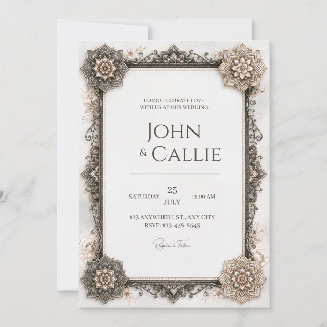 Antique Ivory Mandala Frame Wedding Invitation (Front)