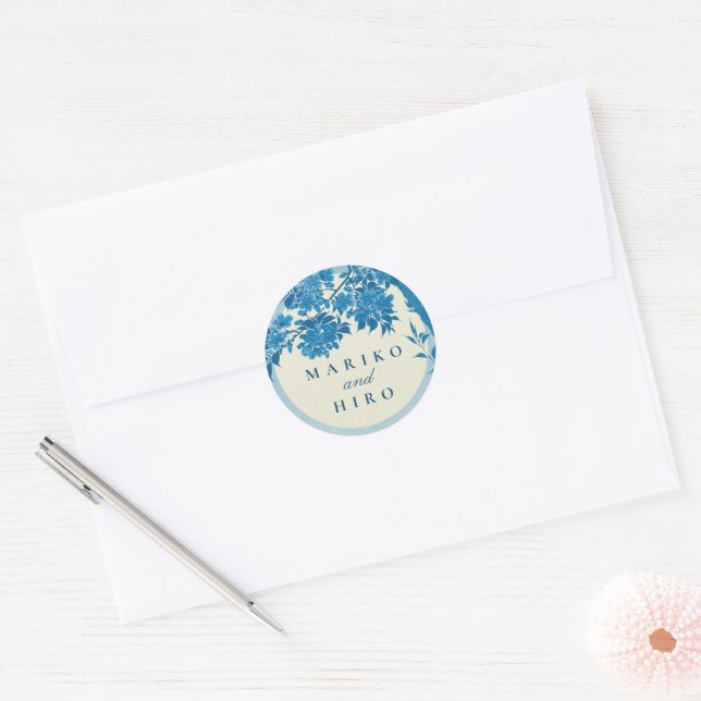 Antique Japanese Blue Cherry Blossom Classic Round Sticker (Envelope)