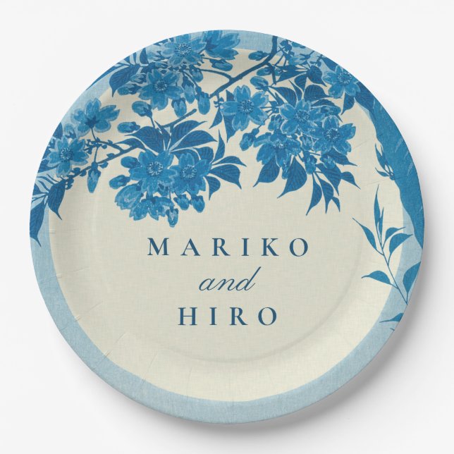 Antique Japanese Blue Cherry Blossom Paper Plate (Front)