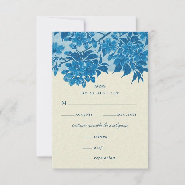 Antique Japanese Blue Cherry Blossom RSVP Card (Front)