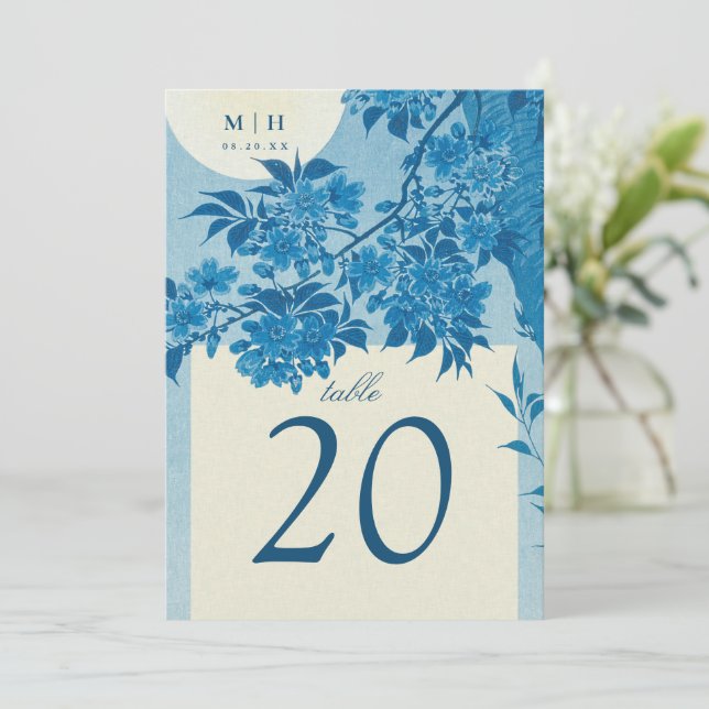 Antique Japanese Blue Cherry Blossom Wedding Invitation (Standing Front)